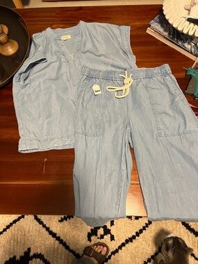 Women's Light Blue Linen-Blend Drawstring Pant Set